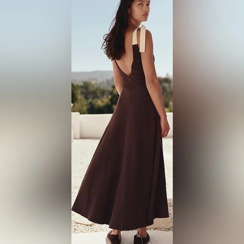 Free People Dark Brown Sleeveless Smock Maci Dress/Bow Toe Shoulder Straps: M